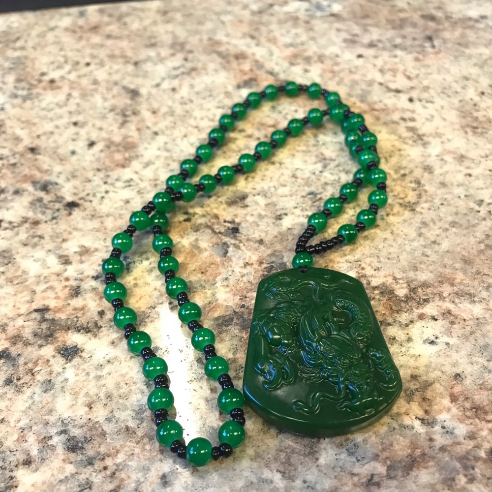 Jade Stone Dragon Pendant with Bead Necklace
